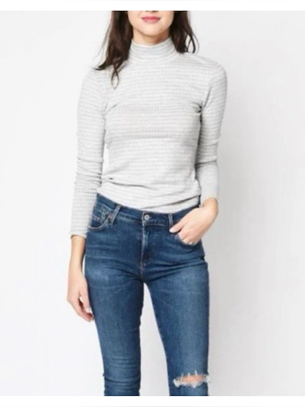 FRAME WMN 70s LONG SLEEVE TURTLENECK RIBBED KNIT LIGHT GREY STRIPED M {FITS S}